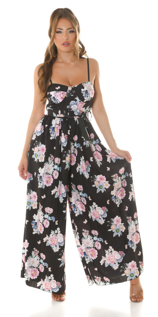 Kouca pleated Overall with floral Print Black